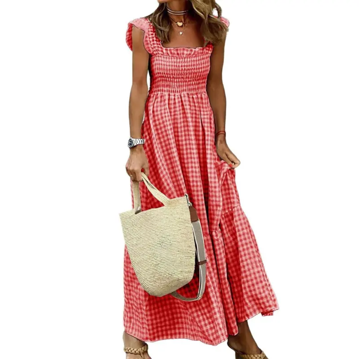 Abito lungo da donna a quadretti Vichy con spalline a volant
