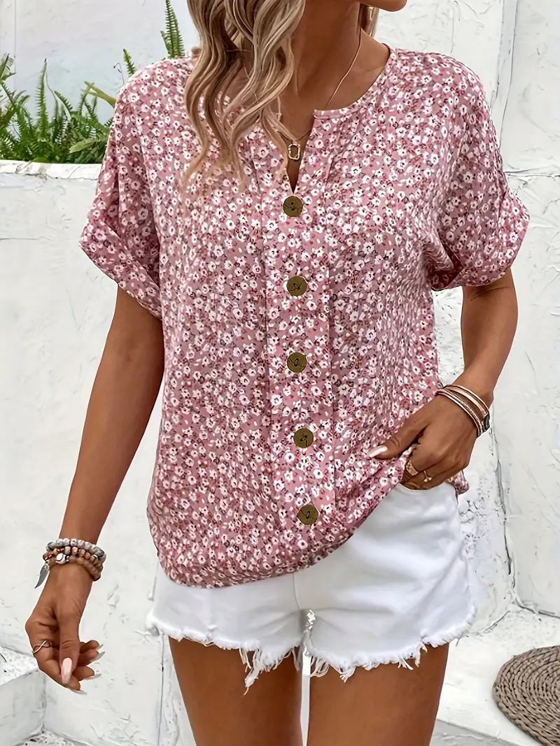 Blouse coton à fleurs rose pour femme