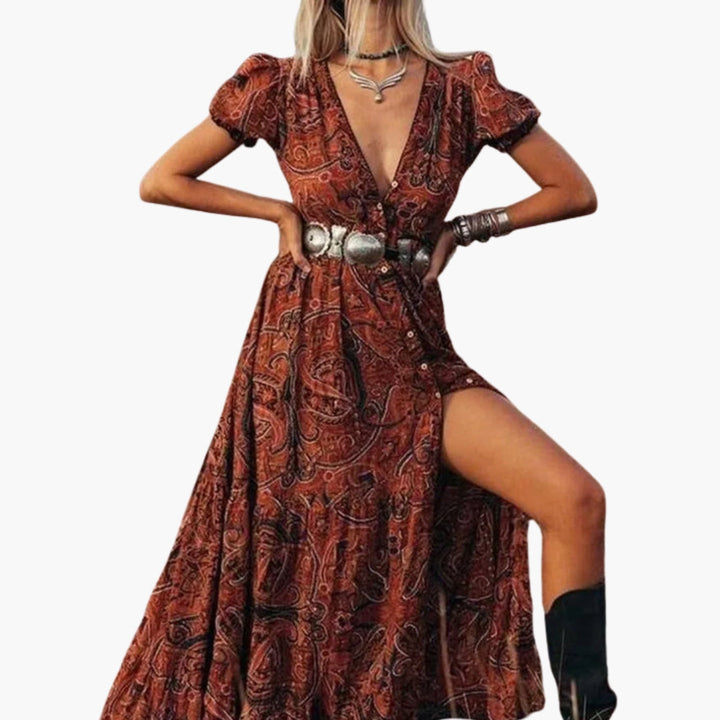Elegantní dlouhé dámské šaty s výstřihem do V a paisley vzorem