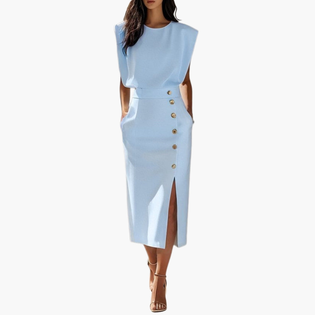Elegantní midi dámské šaty s knoflíkovým detailem a bočním rozparkem