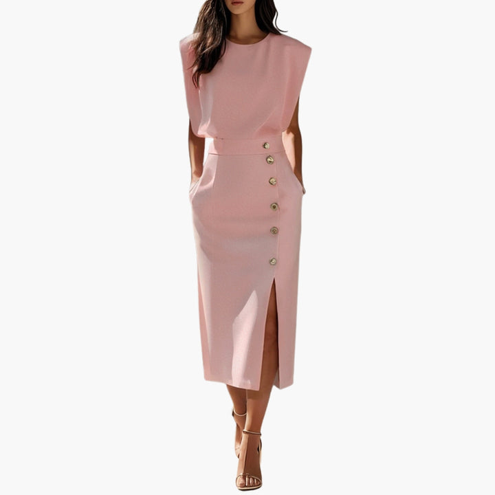 Elegantní midi dámské šaty s knoflíkovým detailem a bočním rozparkem