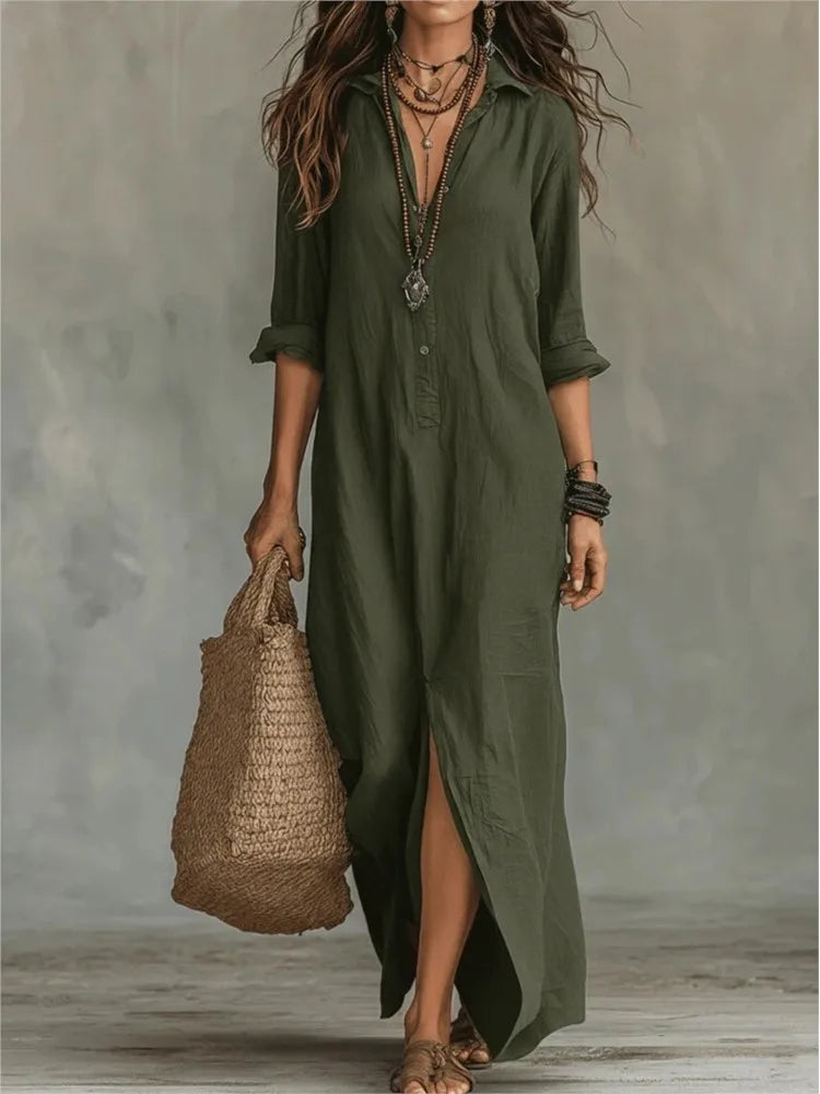 Abito lungo casual con scollo a V da donna maniche 3/4