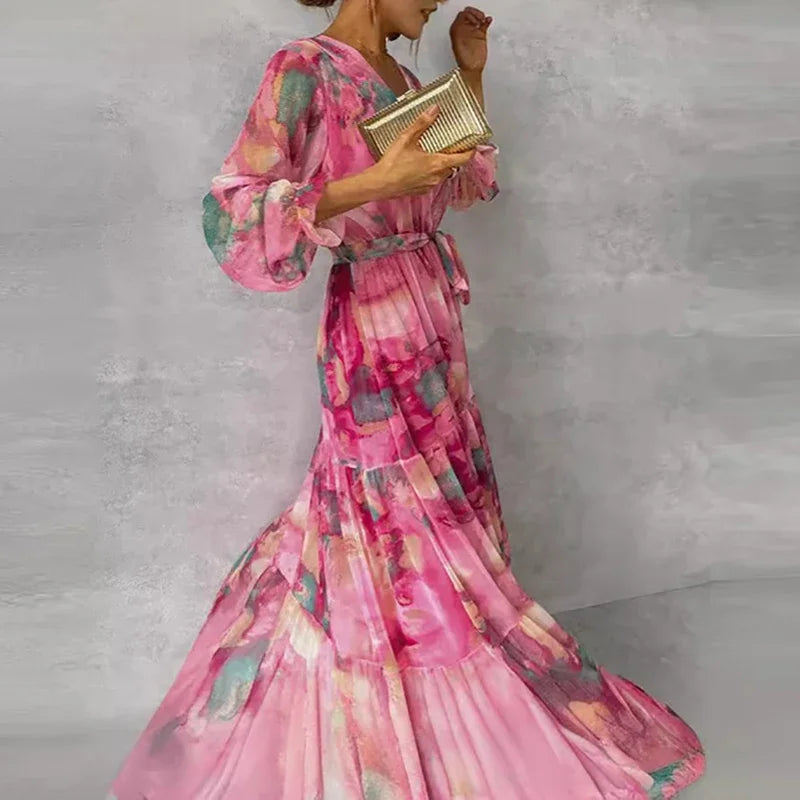 Robe Longue Fluide à Imprimé Artistique pour Femme