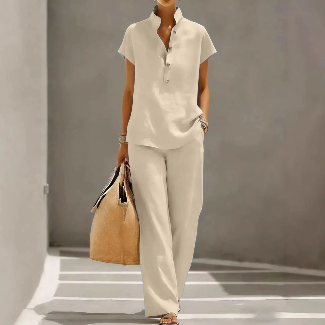 Completo donna casual due pezzi con colletto alla coreana e pantaloni ampi