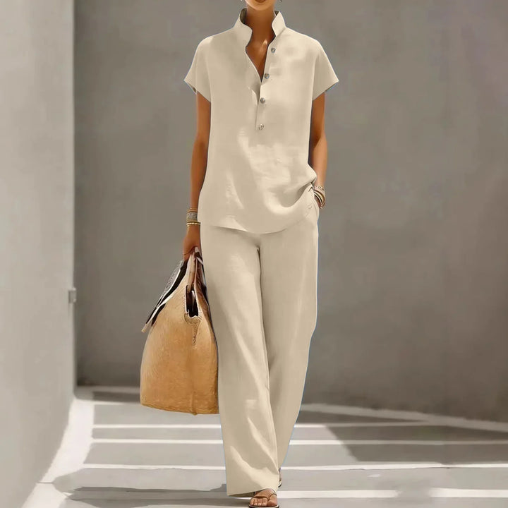 Completo donna casual due pezzi con colletto alla coreana e pantaloni ampi