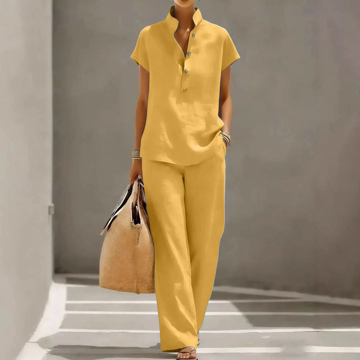 Completo donna casual due pezzi con colletto alla coreana e pantaloni ampi