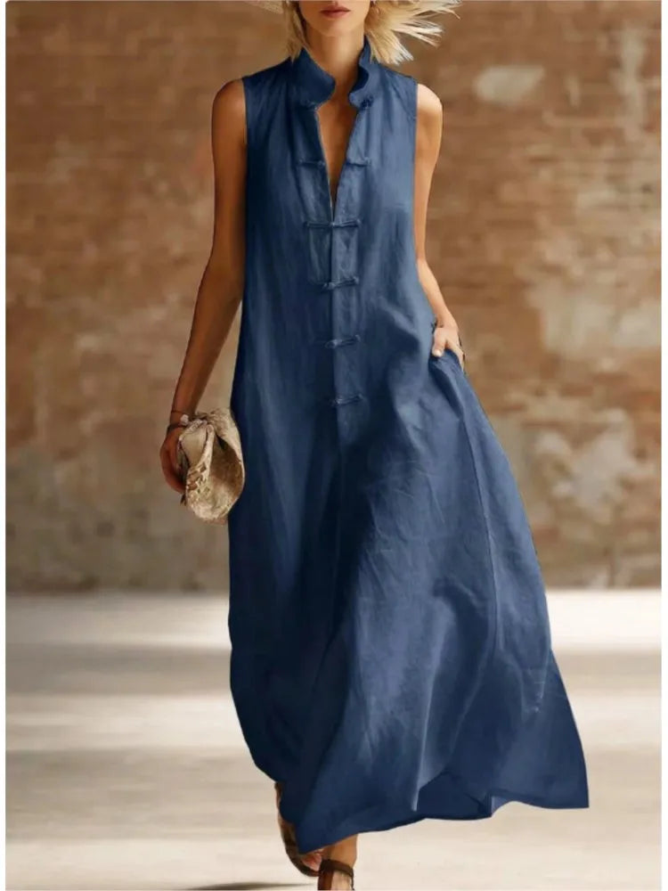 Robe Maxi Femme Sans Manches à Col Chemise
