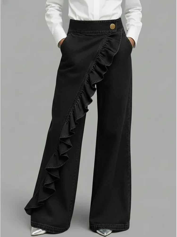 Jean Femme Asymétrique à Jambes Larges et Style Vintage