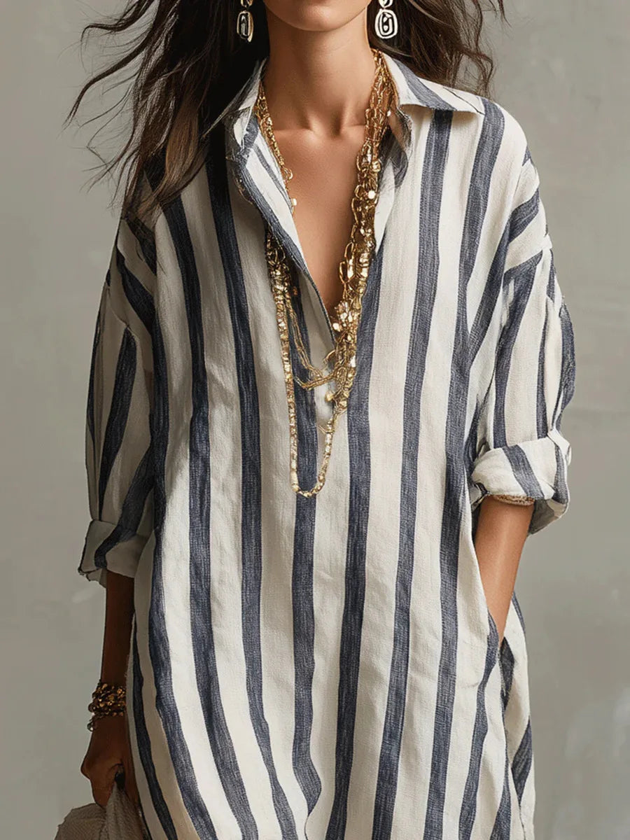 Robe Chemise Longue Rayée Décontractée pour Femme
