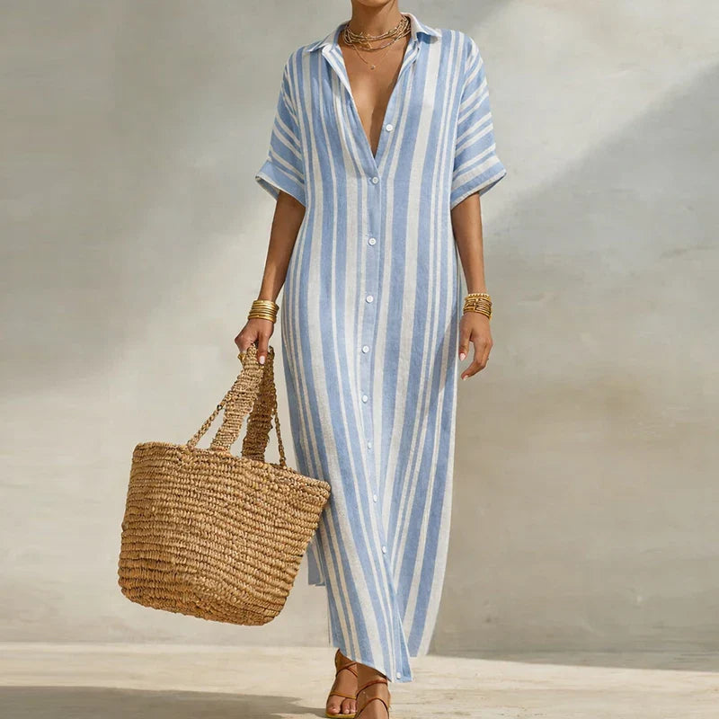 Robe Maxi Femme Rayée à Col Chemise et Design Contrasté
