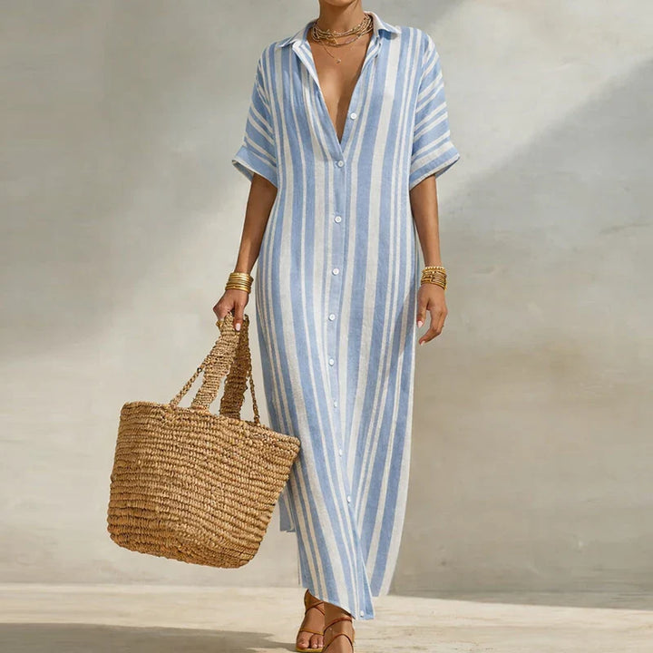 Robe Maxi Femme Rayée à Col Chemise et Design Contrasté