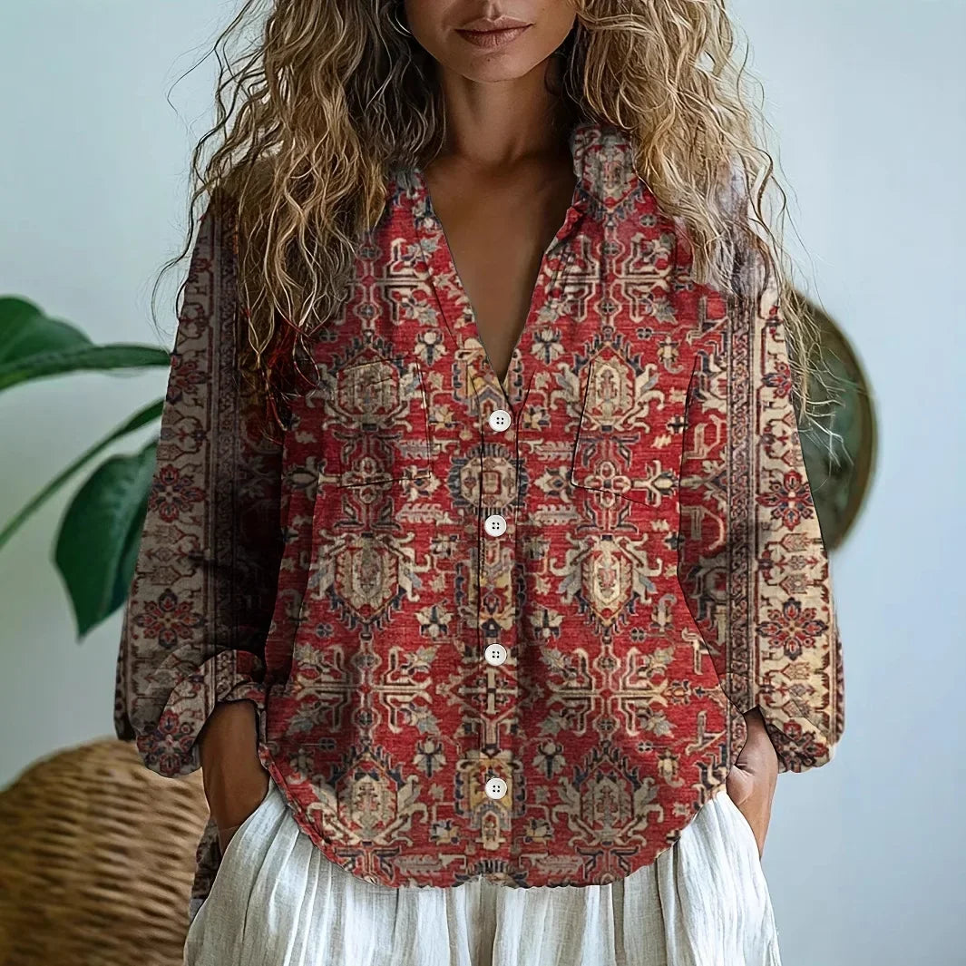 Blouse imprimée col V manches longues femme