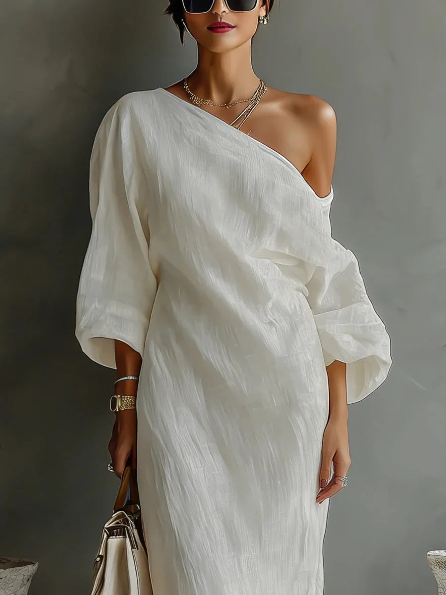 Asymmetric One-Shoulder Maxi Dress with Batwing Sleeves and Pockets – Marlovale