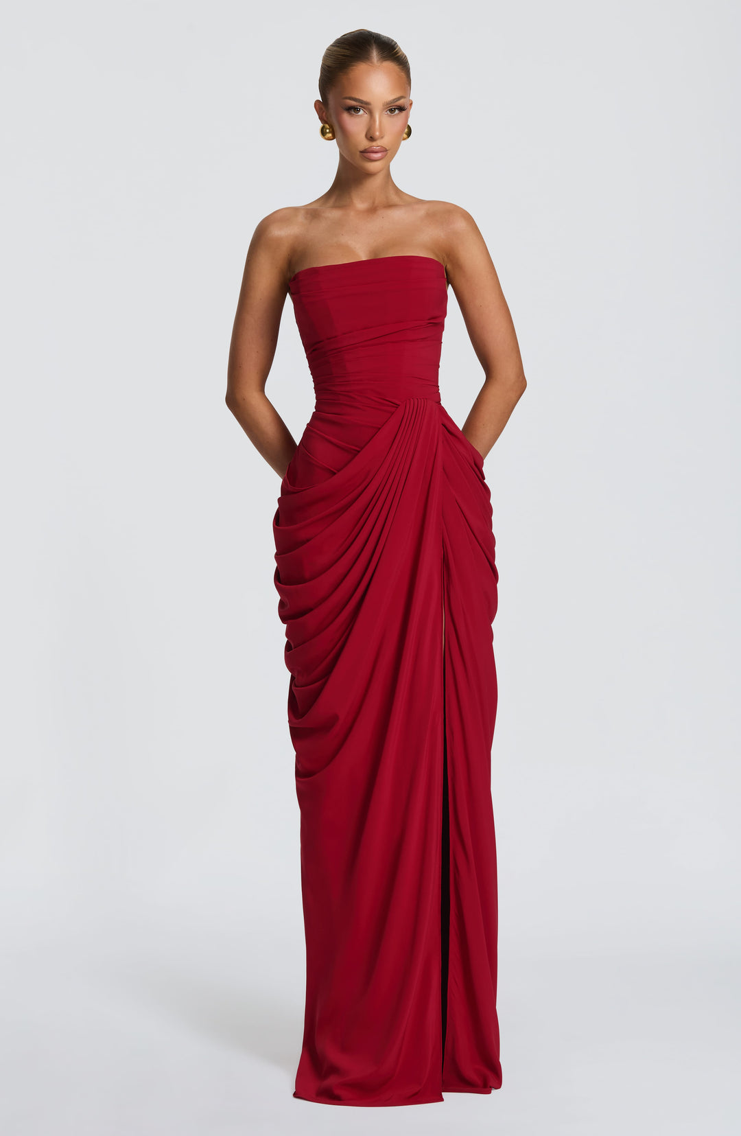 Long Draped Strapless Evening Dress for Women