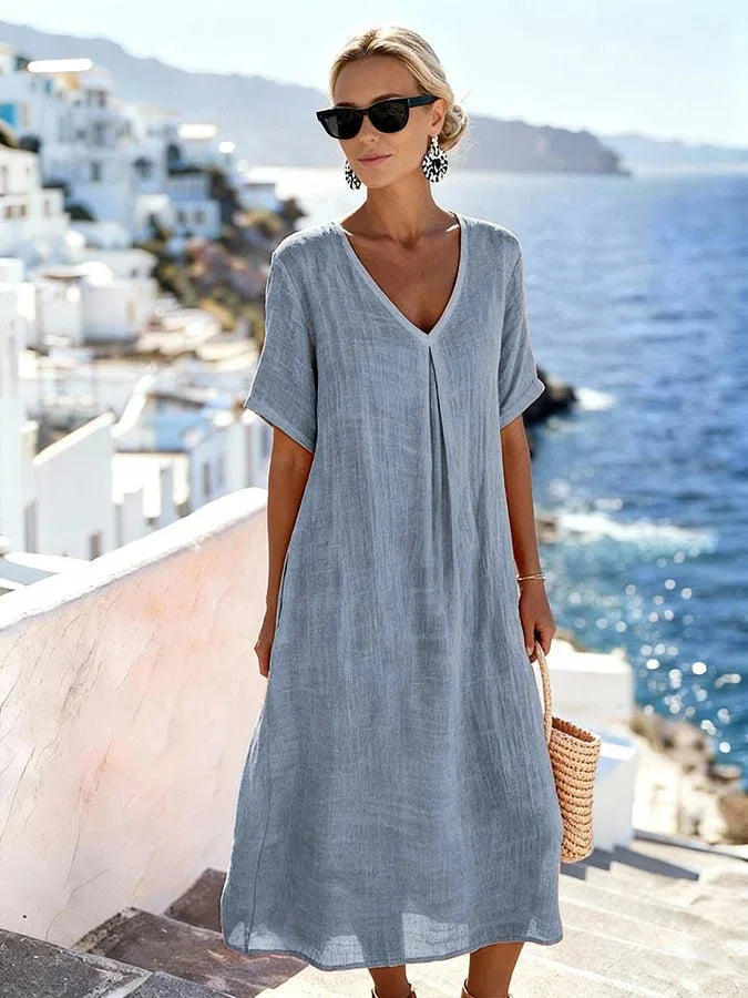 Robe Midi Décontractée pour Femmes à Col V et Coupe Fluide