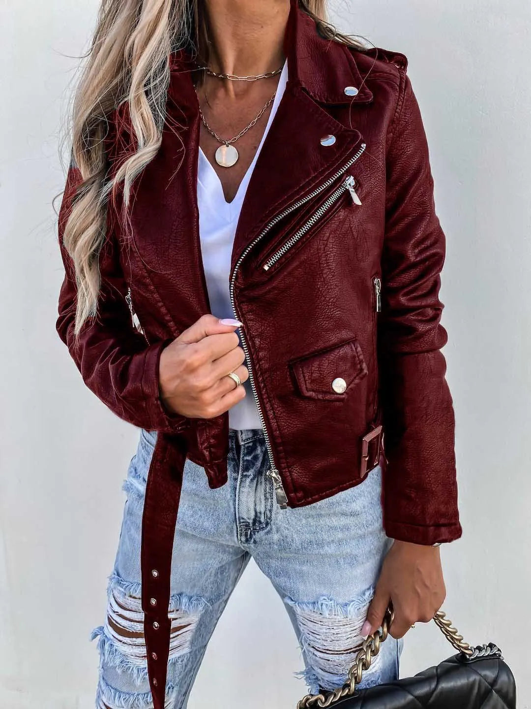 Veste De Motard Pour Femme En Similicuir Avec Détails Zippés