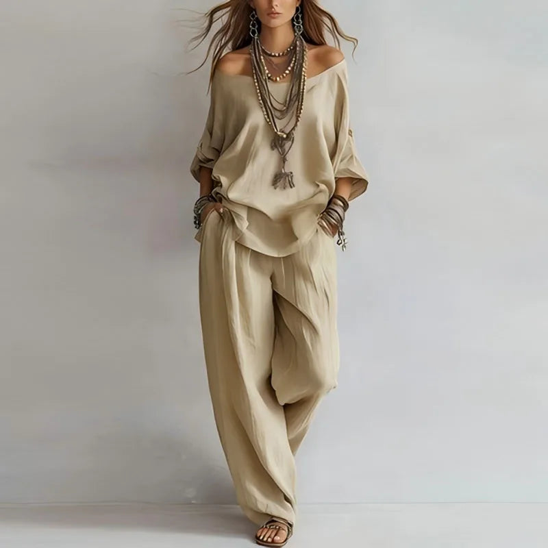 Ensemble Femme à Épaules Dénudées et Pantalon Large
