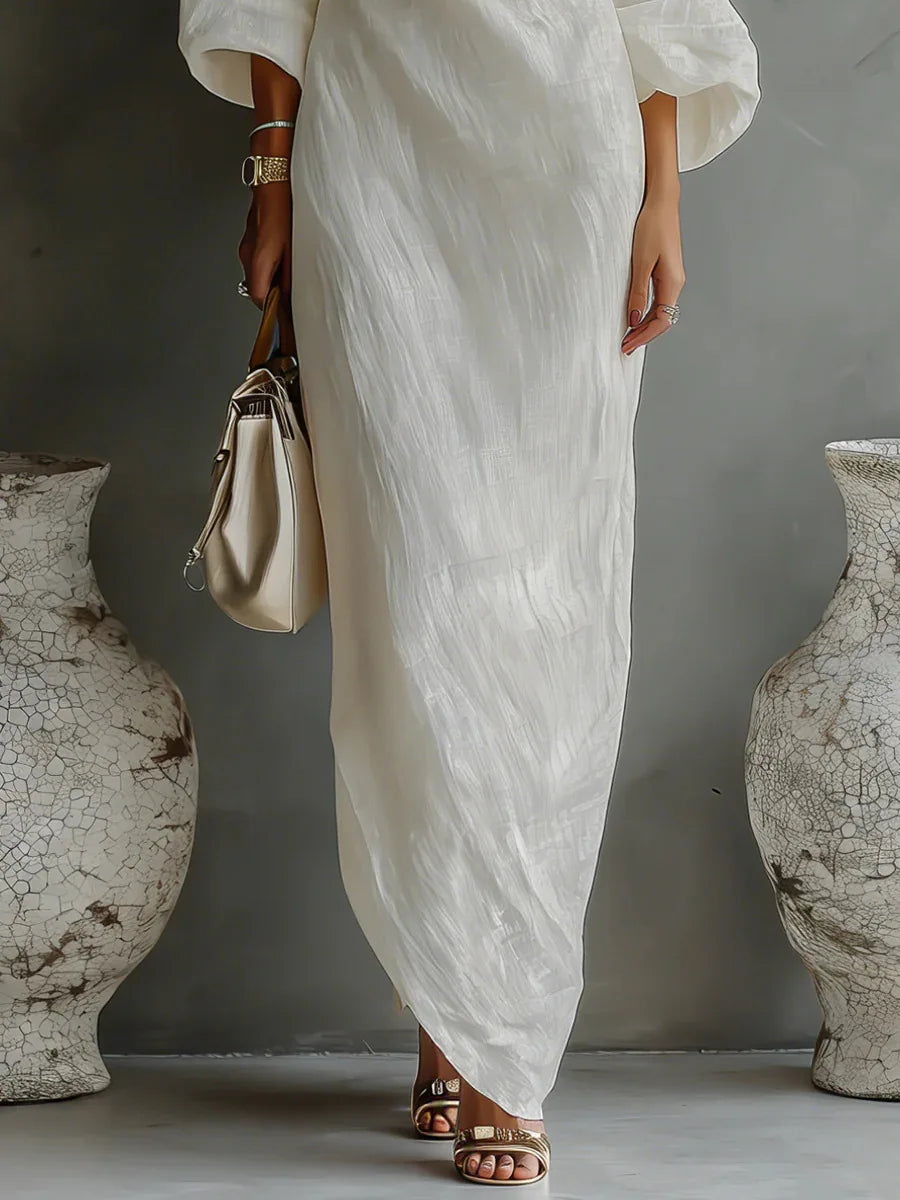 Asymmetric One-Shoulder Maxi Dress with Batwing Sleeves and Pockets