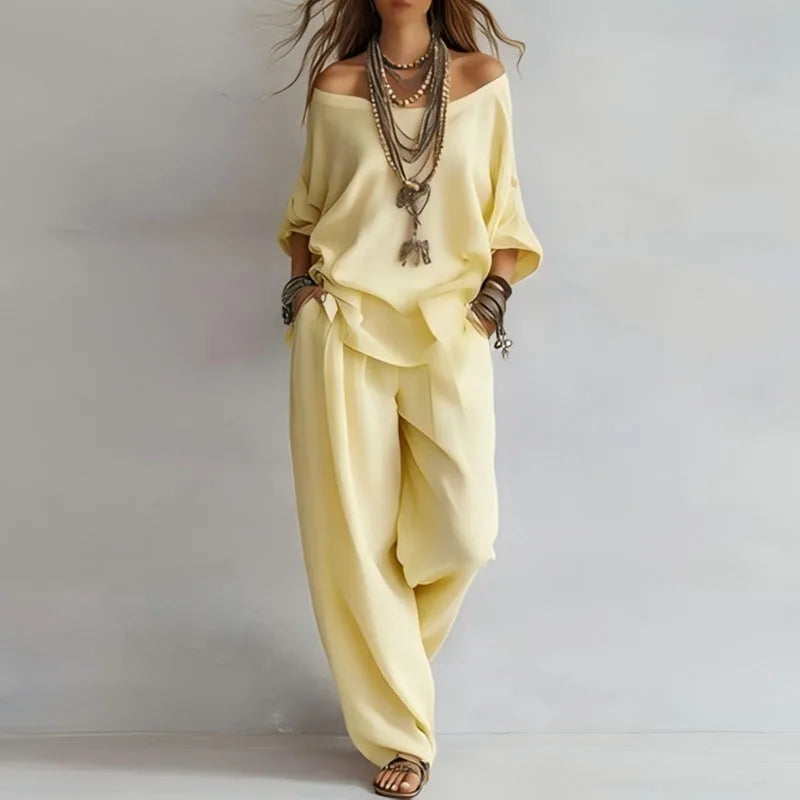 Ensemble Femme à Épaules Dénudées et Pantalon Large
