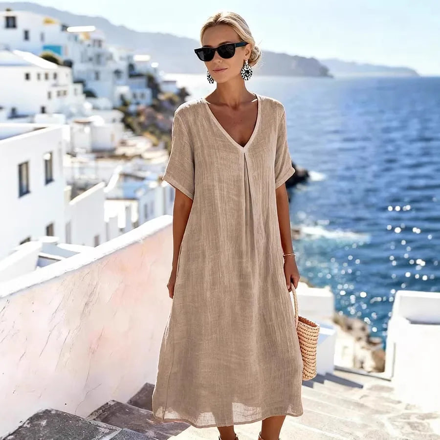Robe Midi Décontractée pour Femmes à Col V et Coupe Fluide