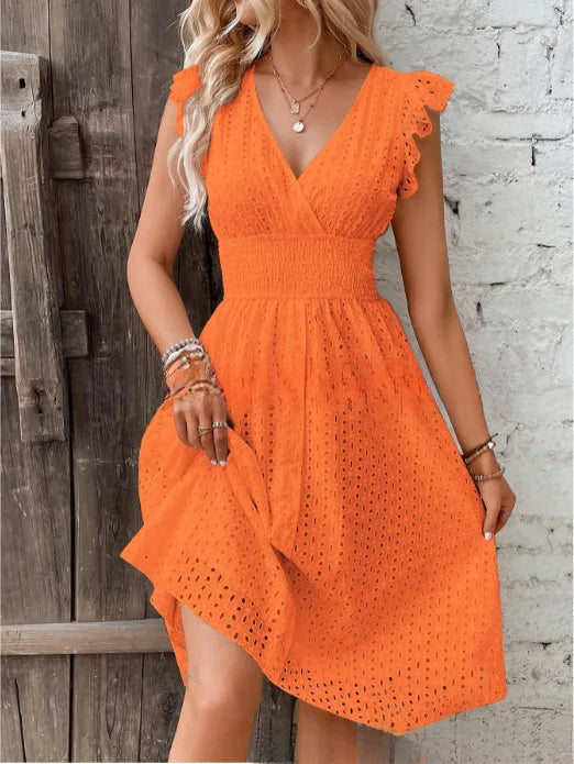 Robe Femme à Col V avec Volants et Ourlet Asymétrique