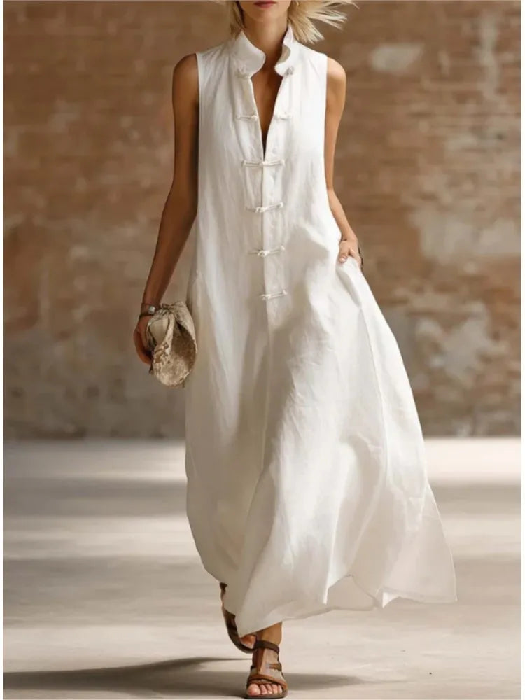 Robe Maxi Femme Sans Manches à Col Chemise