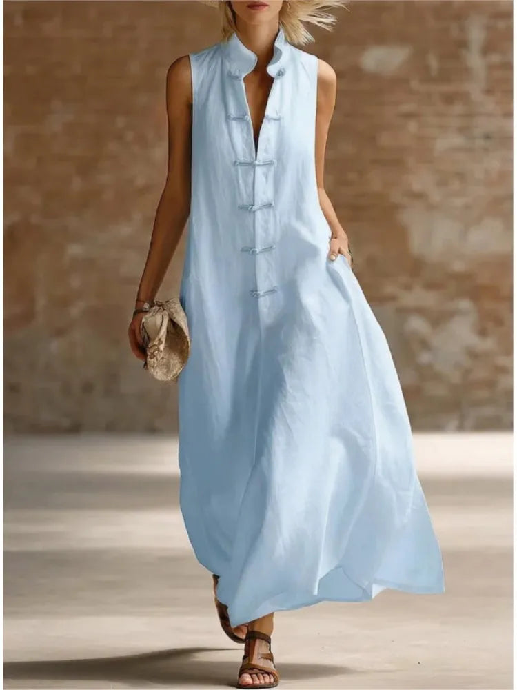 Robe Maxi Femme Sans Manches à Col Chemise