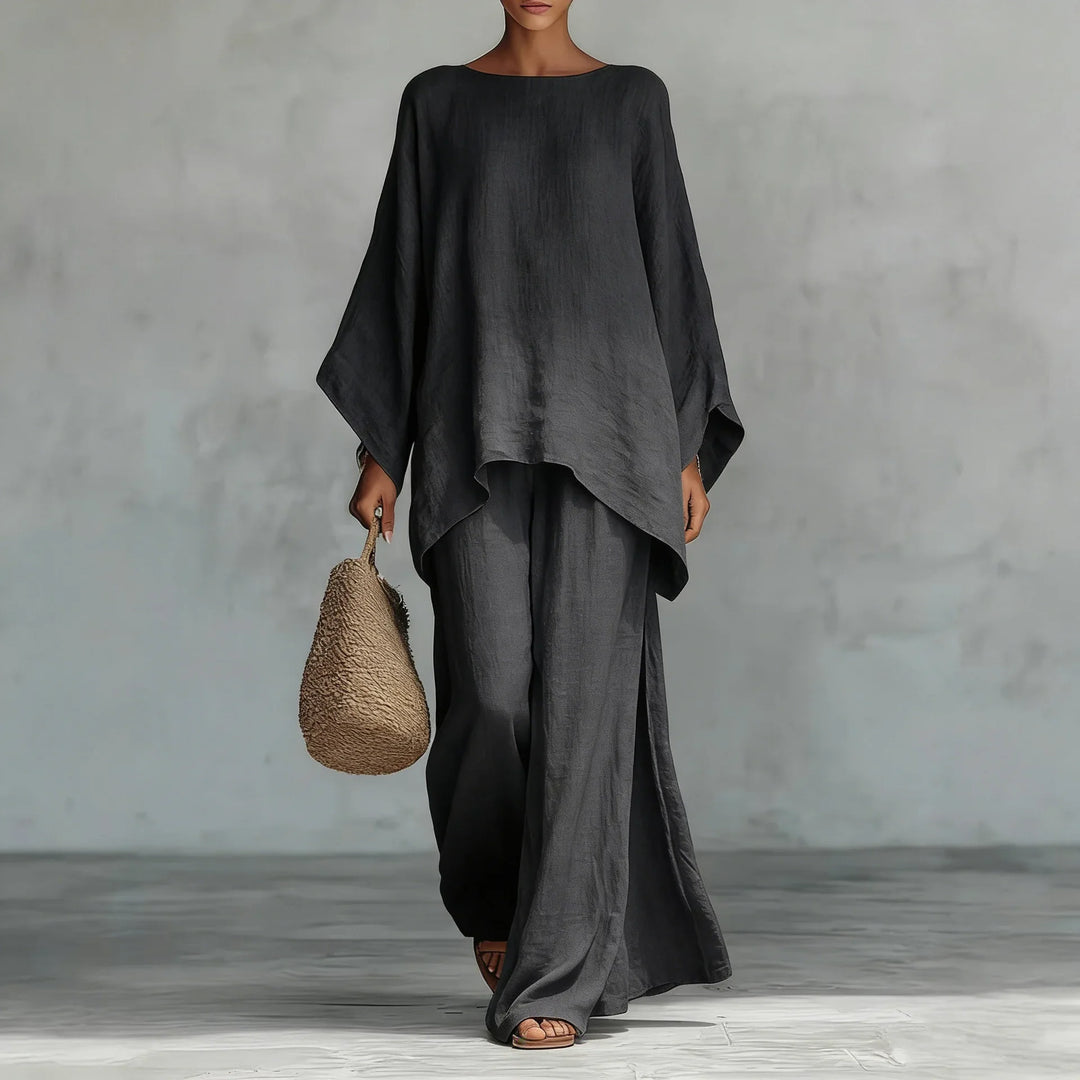 Ensemble Élégant Femme avec Haut Asymétrique et Pantalon Fluide
