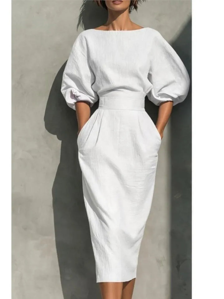 Robe Midi Femme à Taille Cintrée et Manches Bouffantes