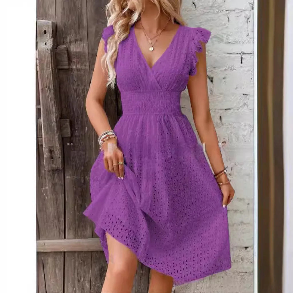 Robe Femme à Col V avec Volants et Ourlet Asymétrique