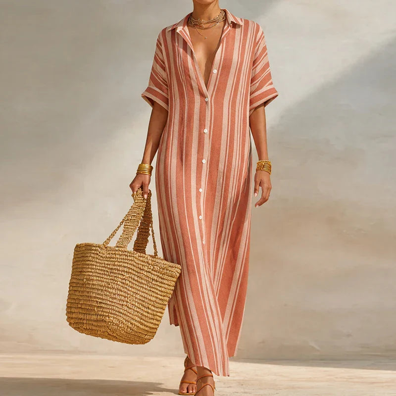 Women's Striped Maxi Dress with Shirt Collar and Contrasting Design – Marlovale