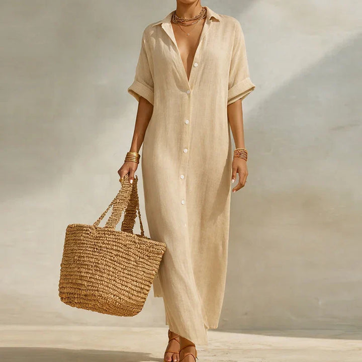 Robe Maxi Femme Rayée à Col Chemise et Design Contrasté