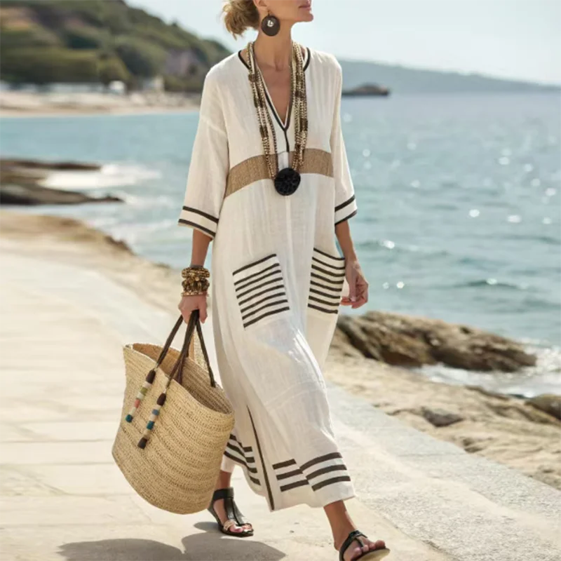 Robe Longue Femme Style Bohème Col V à Rayures