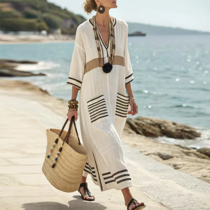 Robe Longue Femme Style Bohème Col V à Rayures