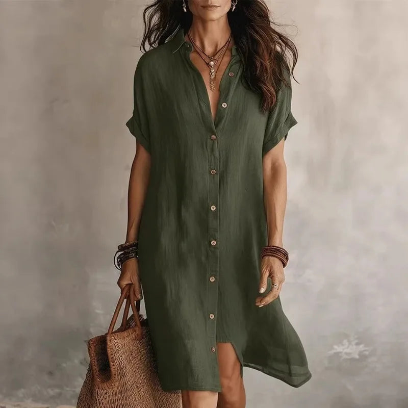 Φόρεμα Chemise Γυναικείο Boho με Κοντά Μανίκια και Ροή Κοπής