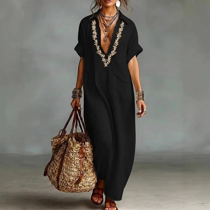 Abito Maxi Bohemien Donna con Stampa e Scollo a V