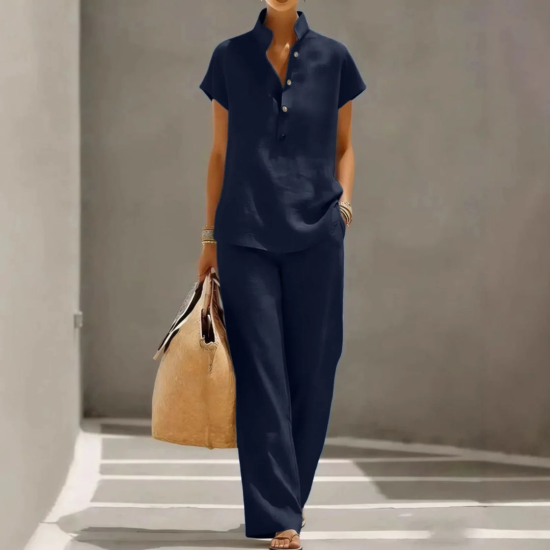 Completo donna casual due pezzi con colletto alla coreana e pantaloni ampi