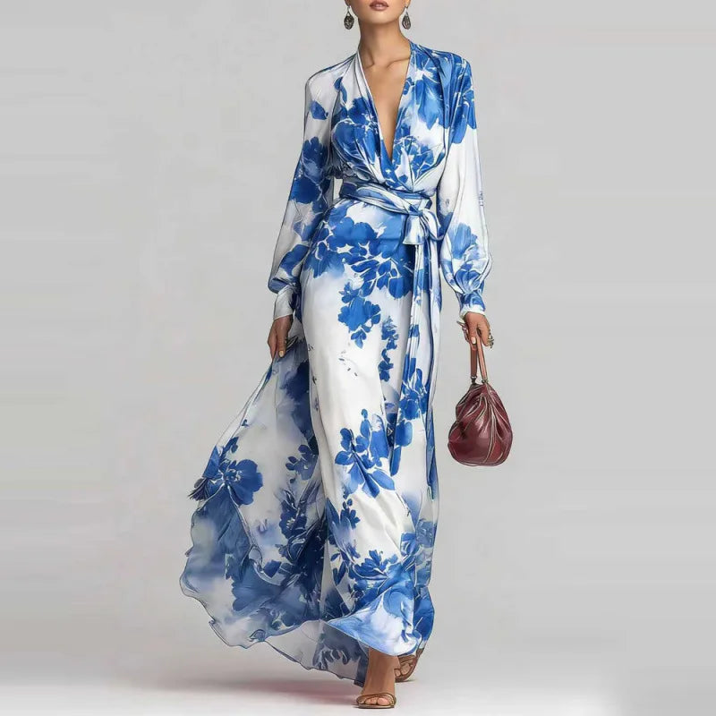 Abito lungo da donna bohemien con scollo profondo e vita cinturata