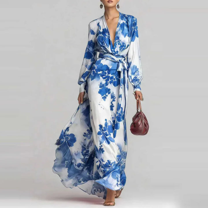 Abito lungo da donna bohemien con scollo profondo e vita cinturata