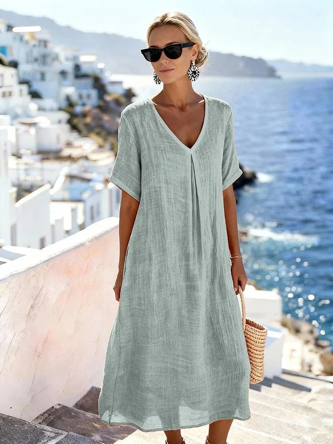 Robe Midi Décontractée pour Femmes à Col V et Coupe Fluide