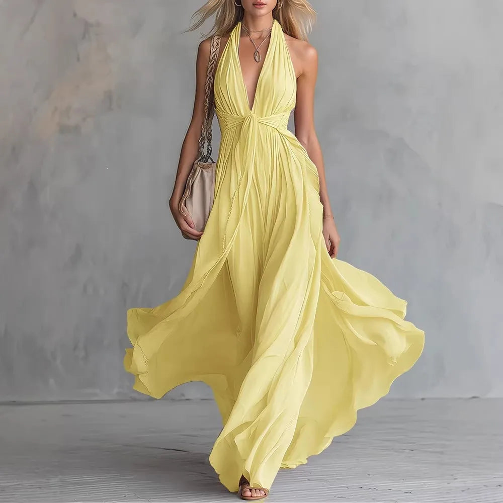 Abito lungo da donna con collo halter, scollo a V e spacco