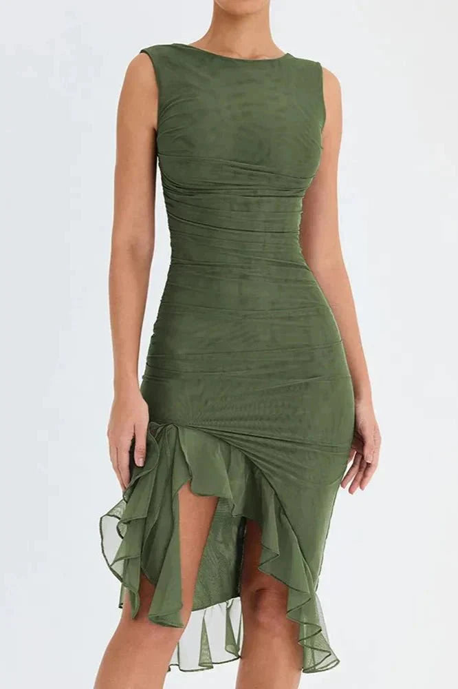 Robe Midi Femme Ajustée à Volants Asymétrique et Silhouette Sculptante