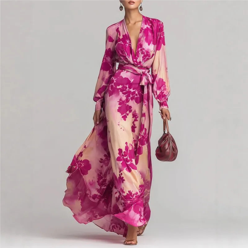 Abito lungo da donna bohemien con scollo profondo e vita cinturata