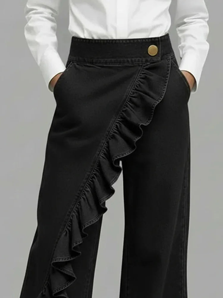 Jean Femme Asymétrique à Jambes Larges et Style Vintage