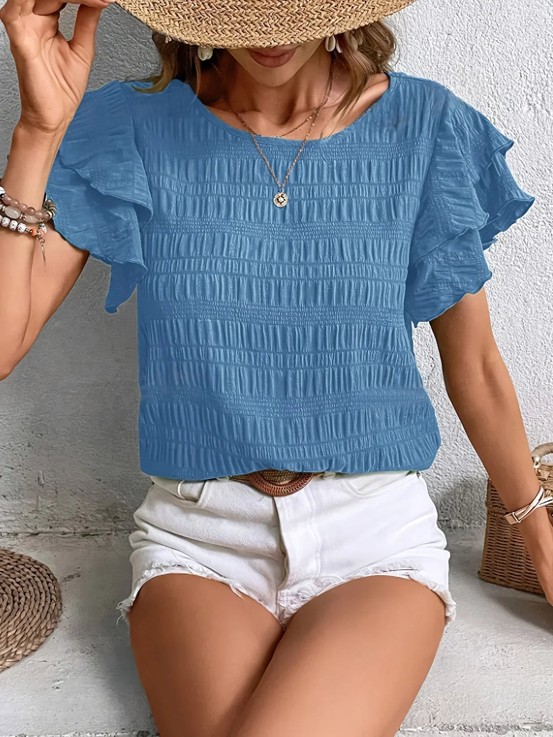 Blouse Femme Texturée à Manches Volantées Décontractée