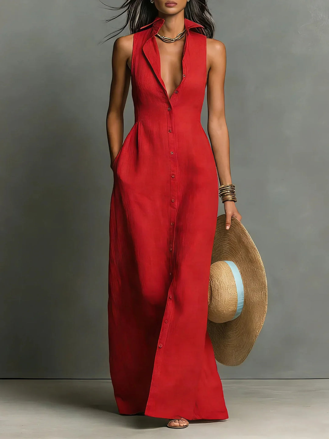 Robe Chemise Sans Manches à Boutonnage Élégant