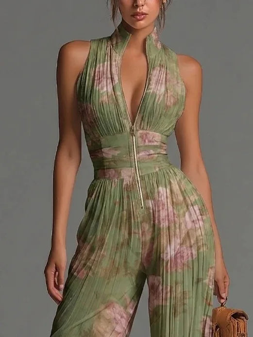 Combinaison Femme Plissée à Jambes Larges et Silhouette Élégante