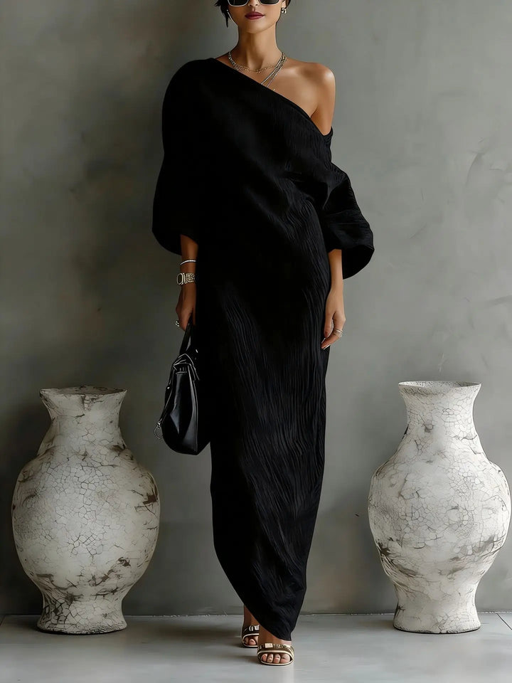 Asymmetric One-Shoulder Maxi Dress with Batwing Sleeves and Pockets