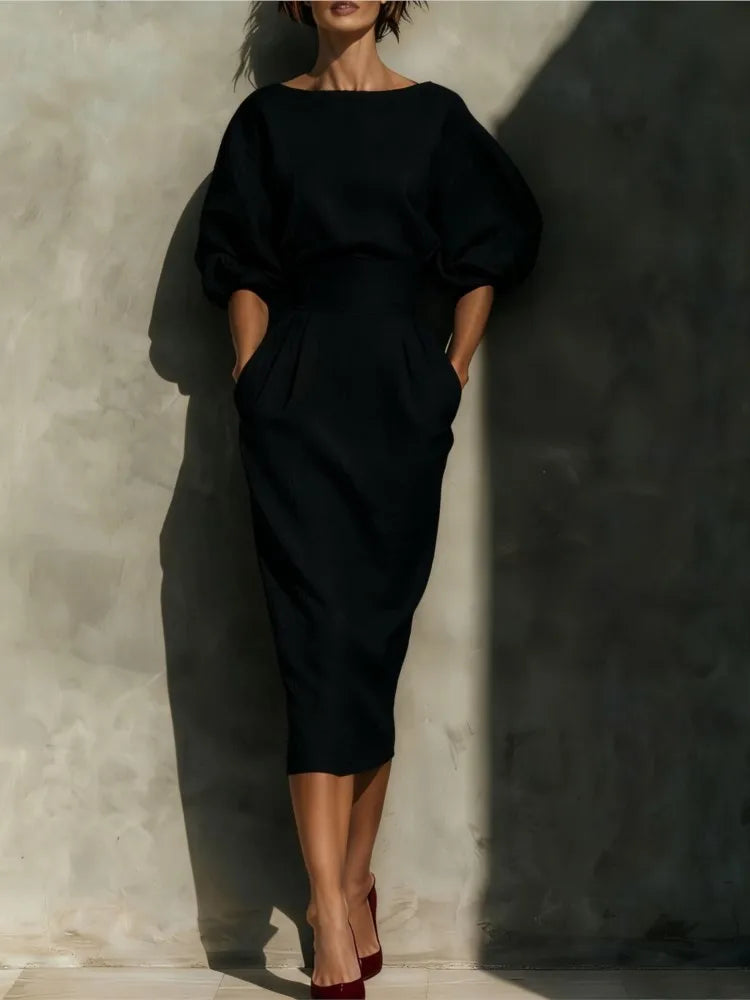 Robe Midi Femme à Taille Cintrée et Manches Bouffantes