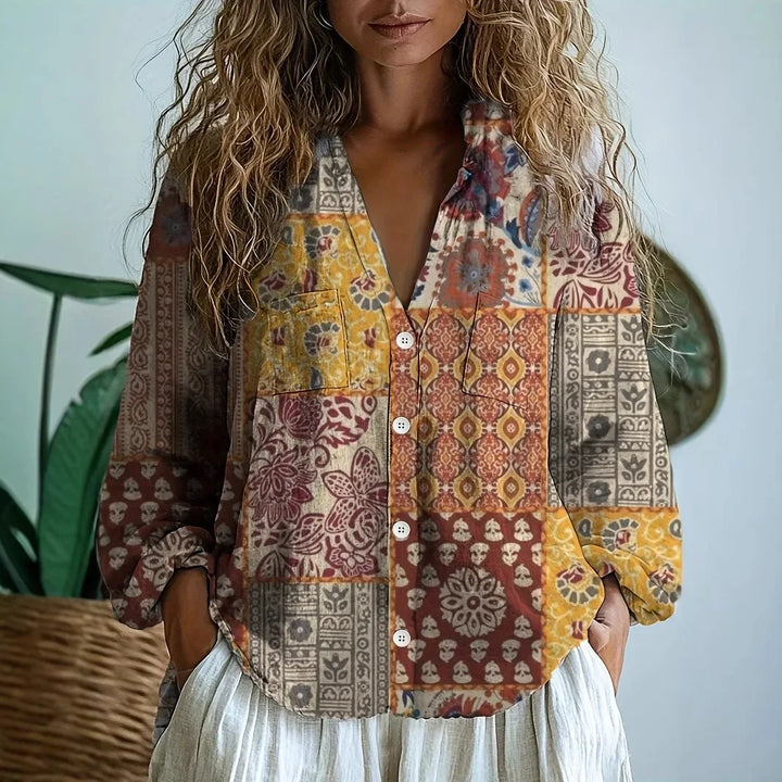 Blouse imprimée col V manches longues femme